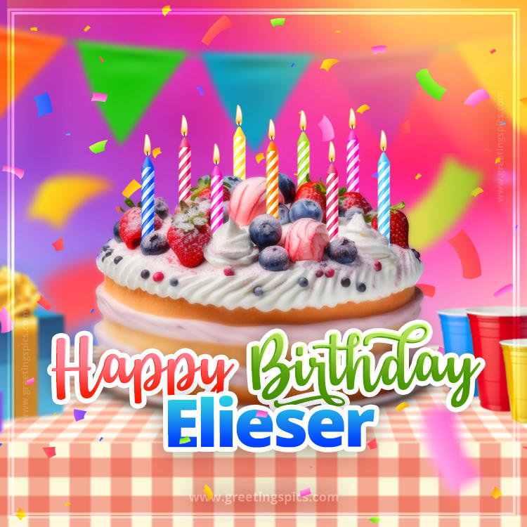 Happy Birthday Elieser Colorful Image with fruit cake and candles (square shape image)