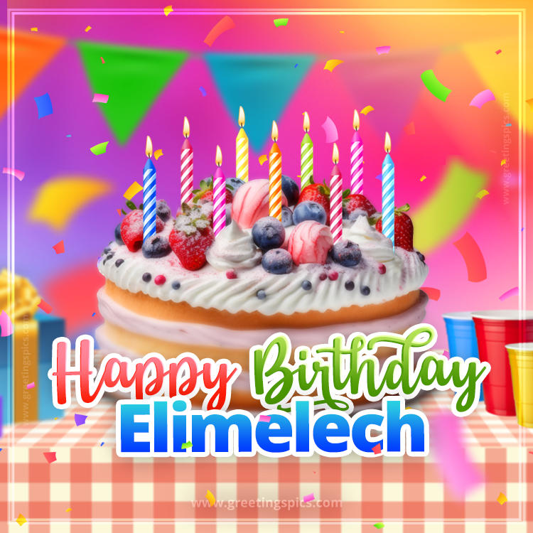 Happy Birthday Elimelech Colorful Image with fruit cake and candles (square shape image)