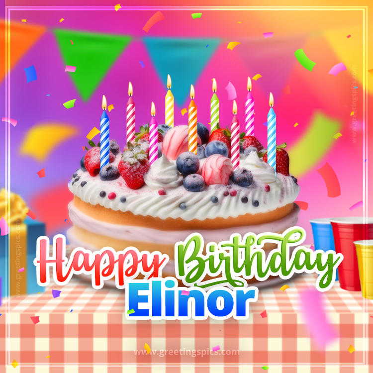 Happy Birthday Elinor Colorful Image with fruit cake and candles (square shape image)