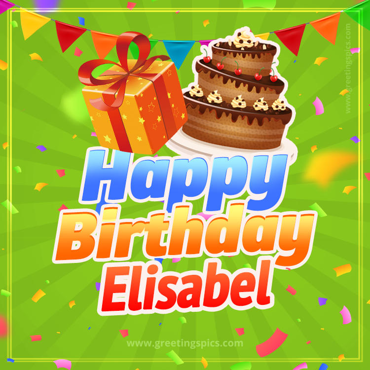 Happy Birthday Elisabel picture with flags, chocolate cake and gift box (square shape image)