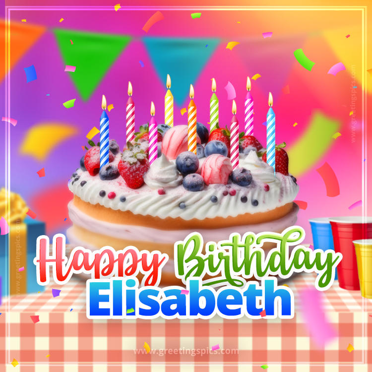 Happy Birthday Elisabeth Colorful Image with fruit cake and candles (square shape image)