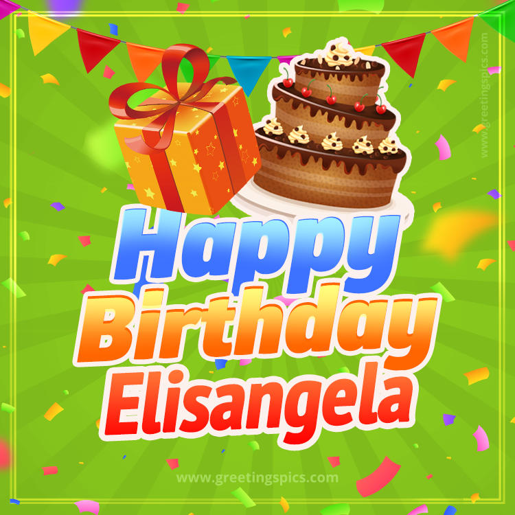 Happy Birthday Elisangela picture with flags, chocolate cake and gift box (square shape image)