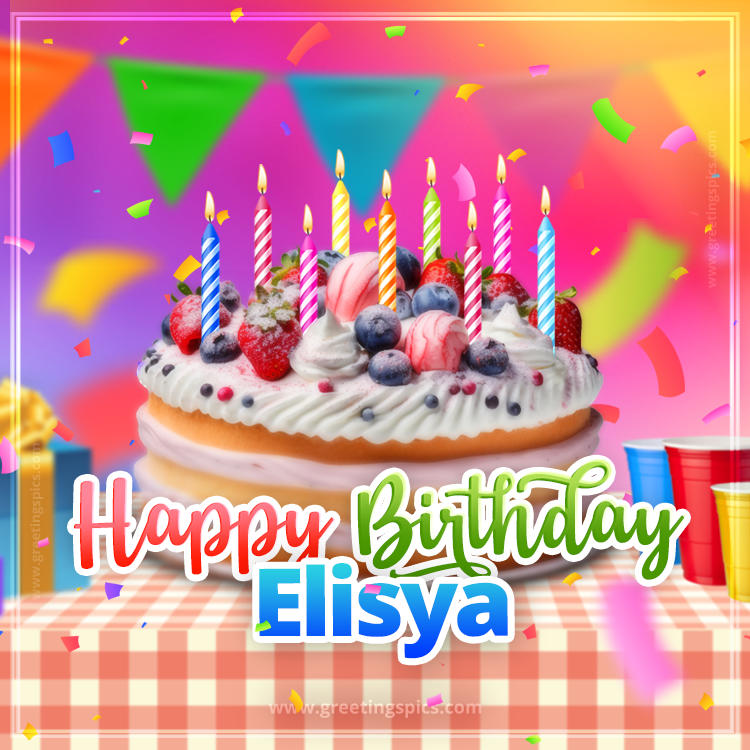 Happy Birthday Elisya Colorful Image with fruit cake and candles (square shape image)