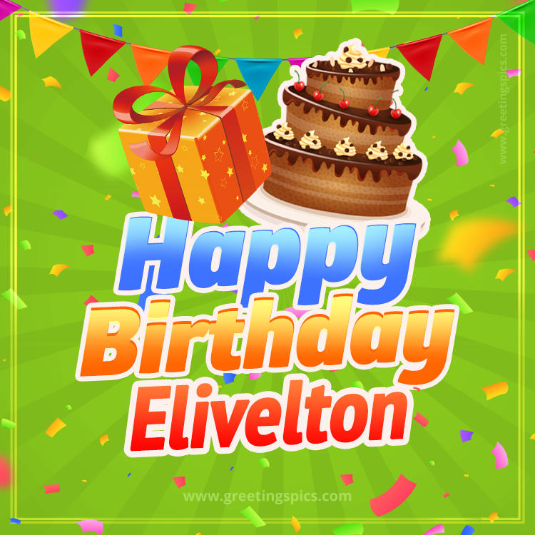 Happy Birthday Elivelton picture with flags, chocolate cake and gift box (square shape image)