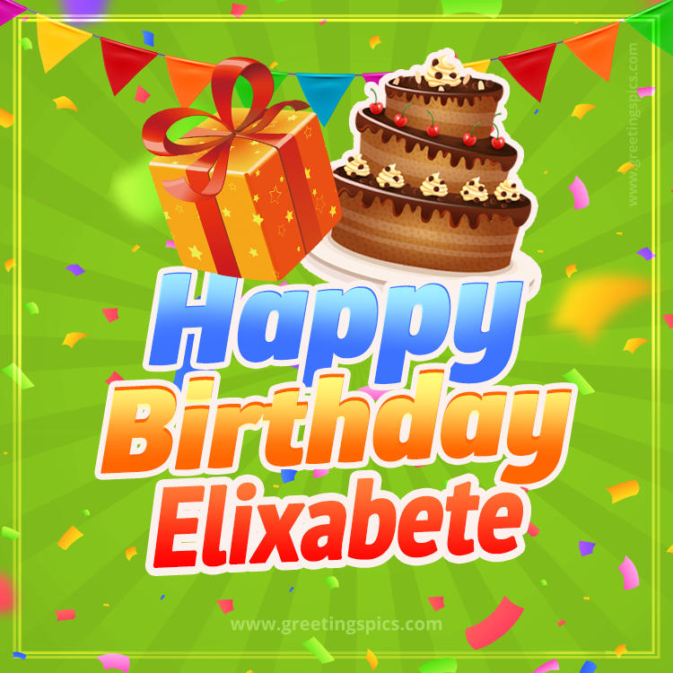 Happy Birthday Elixabete picture with flags, chocolate cake and gift box (square shape image)