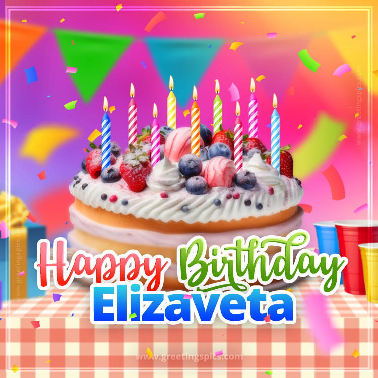 Happy Birthday Elizaveta Colorful Image with fruit cake and candles (square shape image)