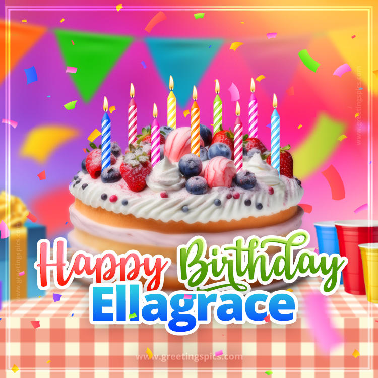 Happy Birthday Ellagrace Colorful Image with fruit cake and candles (square shape image)