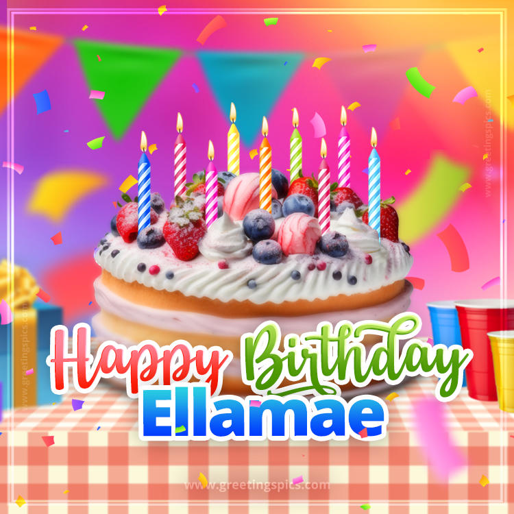 Happy Birthday Ellamae Colorful Image with fruit cake and candles (square shape image)