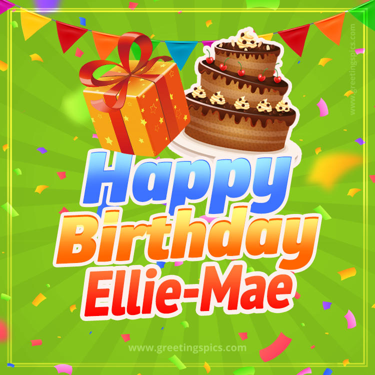 Happy Birthday Ellie-Mae picture with flags, chocolate cake and gift box (square shape image)