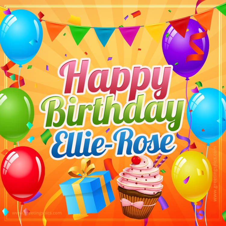 Happy Birthday Ellie-Rose eCard with gift box and cupcake (square shape image)