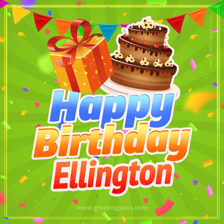 Happy Birthday Ellington picture with flags, chocolate cake and gift box (square shape image)