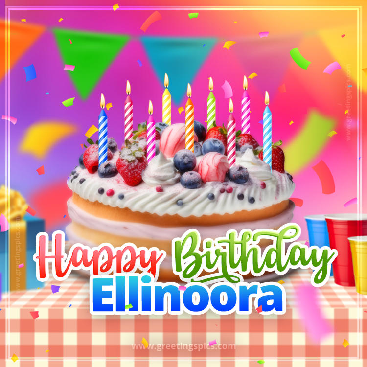 Happy Birthday Ellinoora Colorful Image with fruit cake and candles (square shape image)