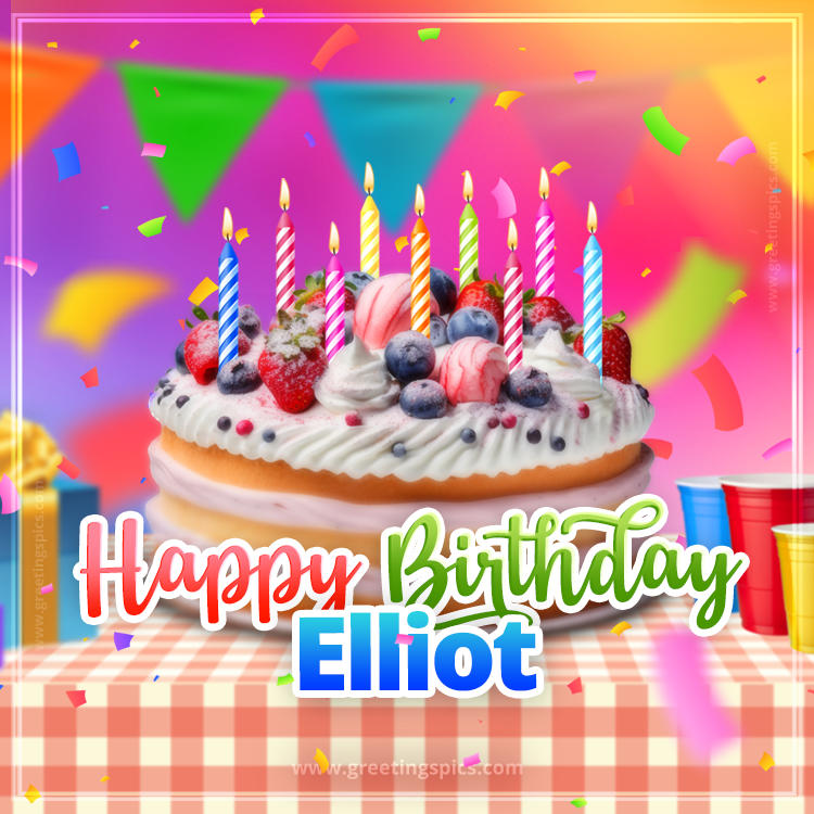 Happy Birthday Elliot Colorful Image with fruit cake and candles (square shape image)