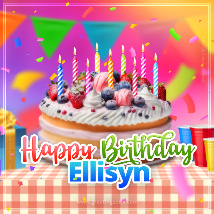 Happy Birthday Ellisyn Colorful Image with fruit cake and candles (square shape image)