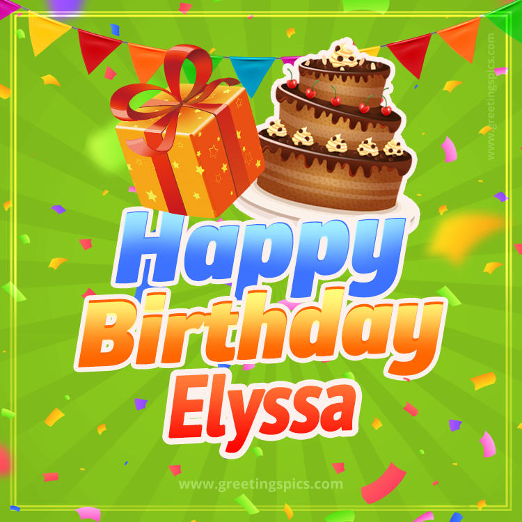 Happy Birthday Elyssa picture with flags, chocolate cake and gift box (square shape image)