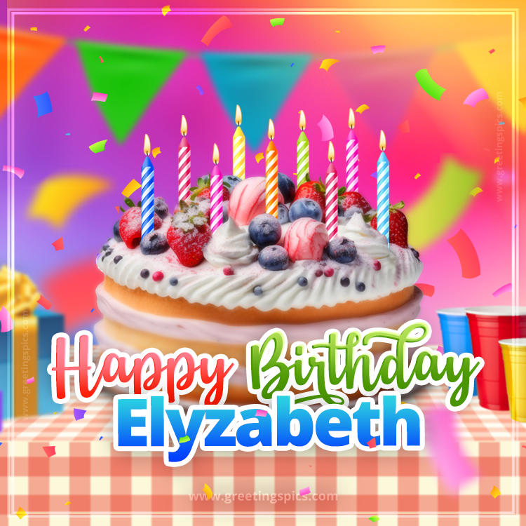 Happy Birthday Elyzabeth Colorful Image with fruit cake and candles (square shape image)