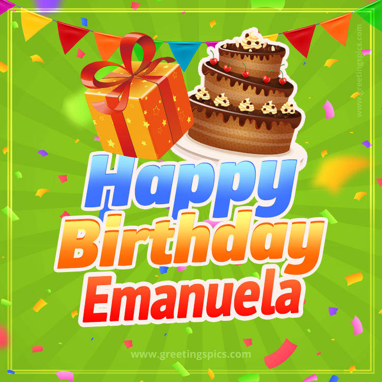 Happy Birthday Emanuela picture with flags, chocolate cake and gift box (square shape image)