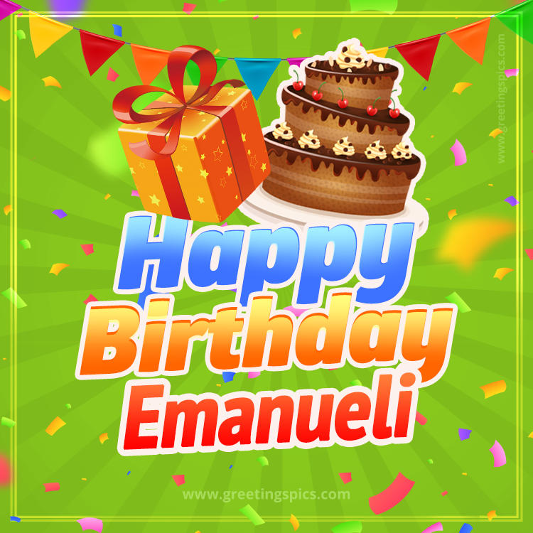 Happy Birthday Emanueli picture with flags, chocolate cake and gift box (square shape image)