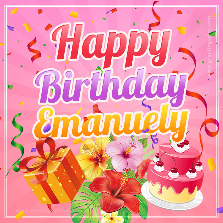 Beautiful Birthday Card for Emanuely with Cake and bouquet of flowers (square shape image)