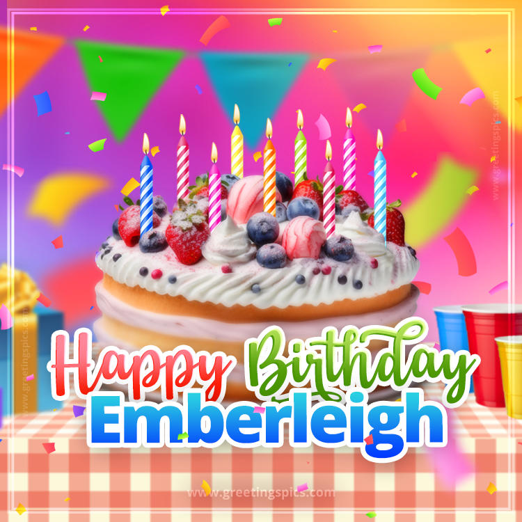 Happy Birthday Emberleigh Colorful Image with fruit cake and candles (square shape image)