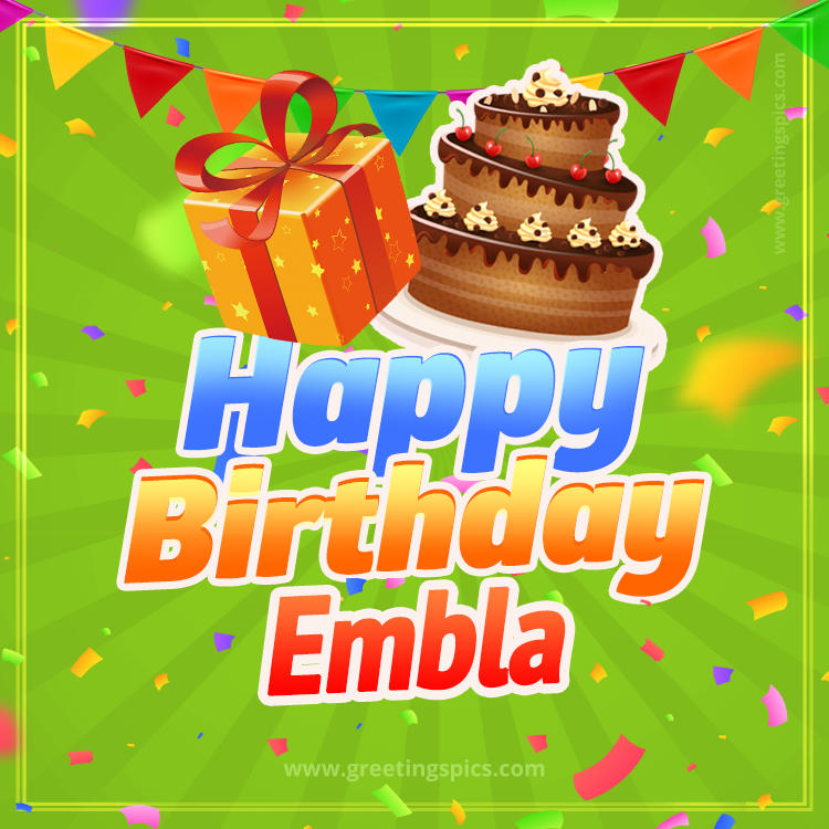 Happy Birthday Embla picture with flags, chocolate cake and gift box (square shape image)