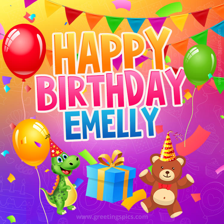 Happy Birthday Emelly Image for a child with cute dinosaur and bear (square shape image)