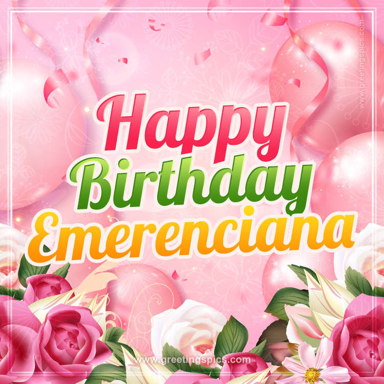 Image with gentle pink background and flowers Happy Birthday Emerenciana (square shape image)