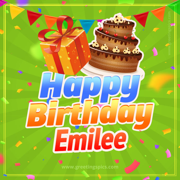 Happy Birthday Emilee picture with flags, chocolate cake and gift box (square shape image)