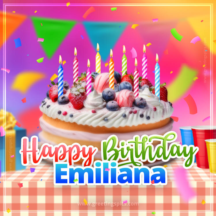 Happy Birthday Emiliana Colorful Image with fruit cake and candles (square shape image)