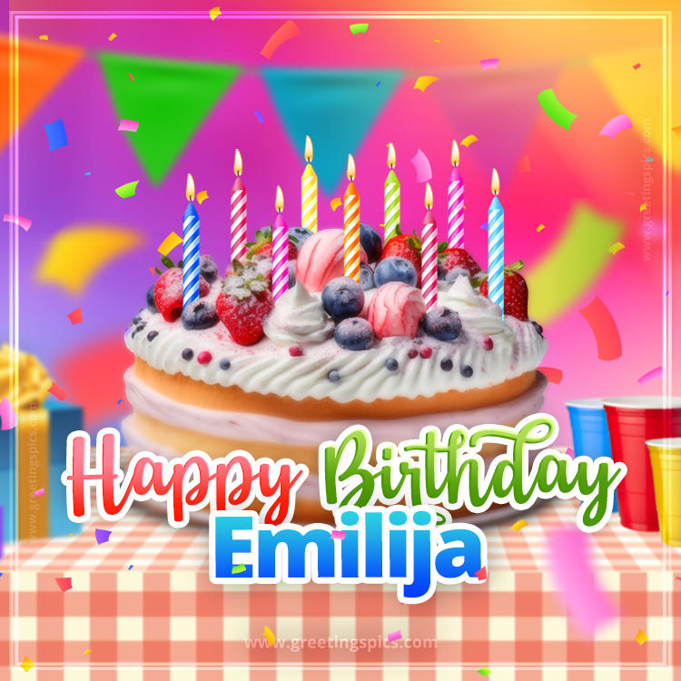 Happy Birthday Emilija Colorful Image with fruit cake and candles (square shape image)