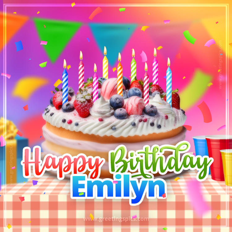 Happy Birthday Emilyn Colorful Image with fruit cake and candles (square shape image)