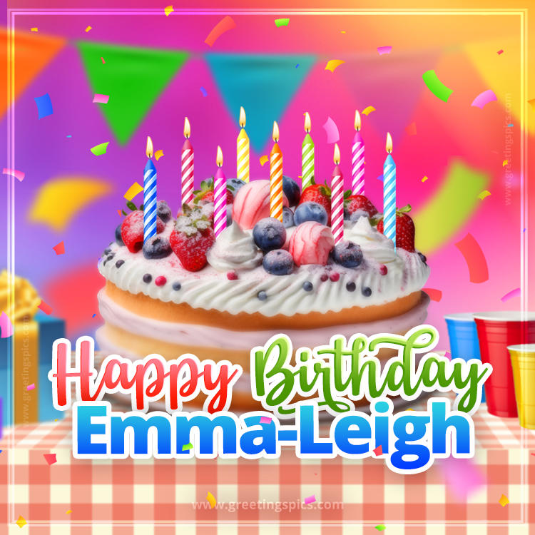 Happy Birthday Emma-Leigh Colorful Image with fruit cake and candles (square shape image)