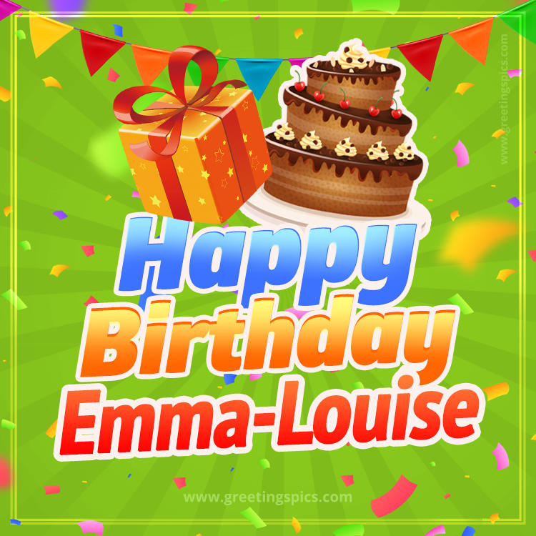 Happy Birthday Emma-Louise picture with flags, chocolate cake and gift box (square shape image)