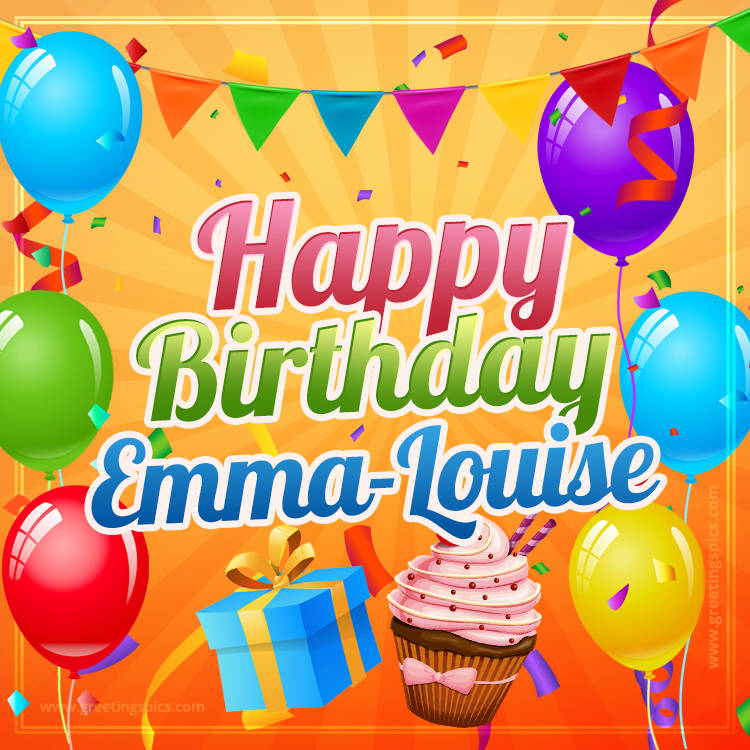 Happy Birthday Emma-Louise eCard with gift box and cupcake (square shape image)