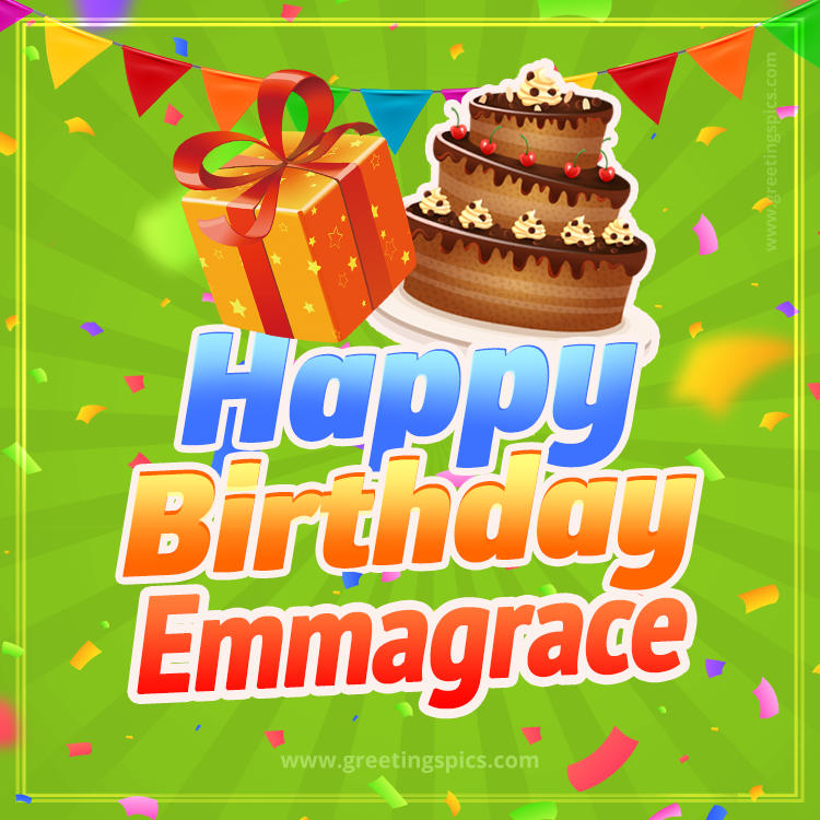 Happy Birthday Emmagrace picture with flags, chocolate cake and gift box (square shape image)