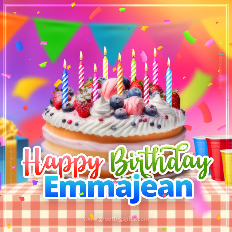 Happy Birthday Emmajean Colorful Image with fruit cake and candles (square shape image)