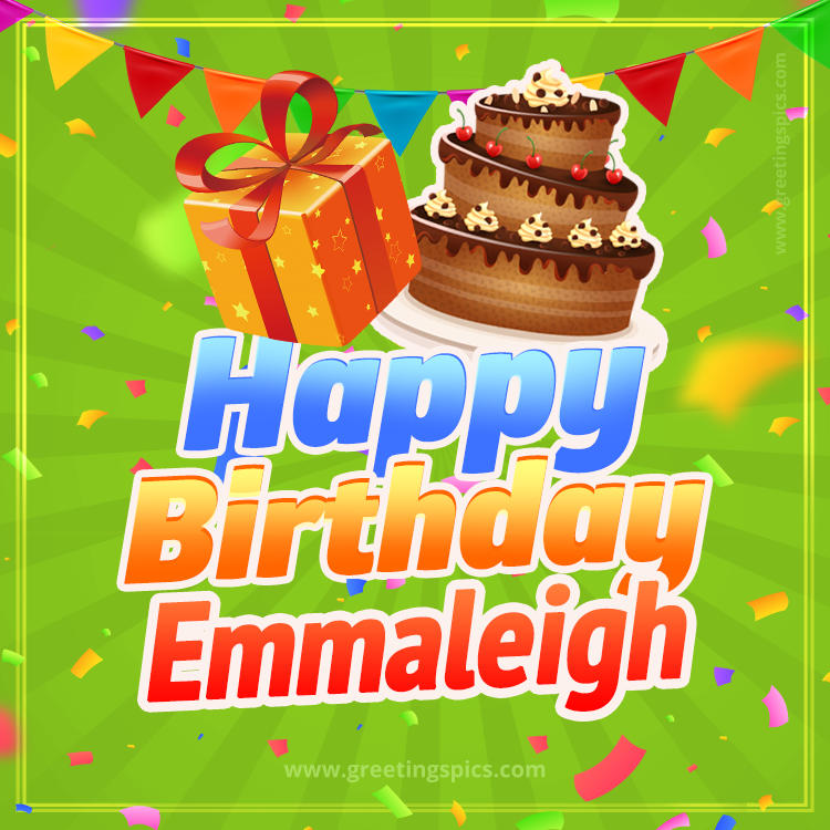 Happy Birthday Emmaleigh picture with flags, chocolate cake and gift box (square shape image)