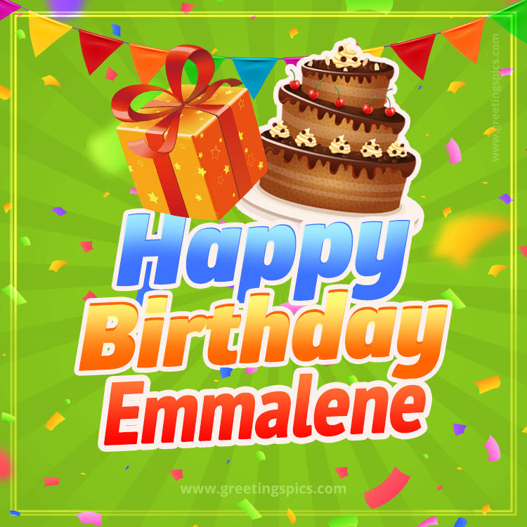 Happy Birthday Emmalene picture with flags, chocolate cake and gift box (square shape image)