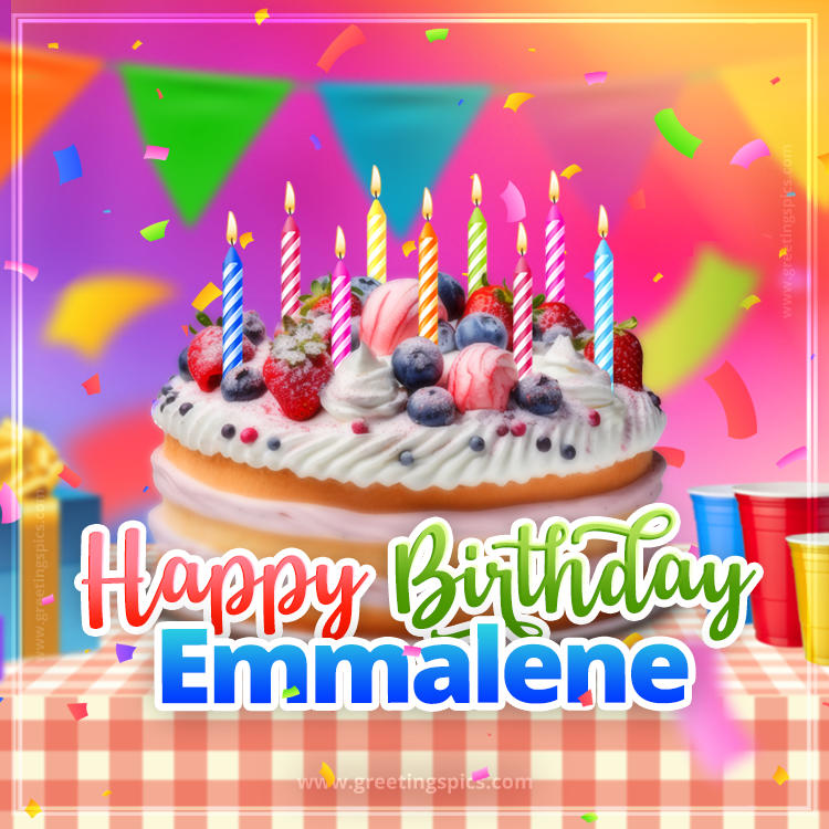 Happy Birthday Emmalene Colorful Image with fruit cake and candles (square shape image)