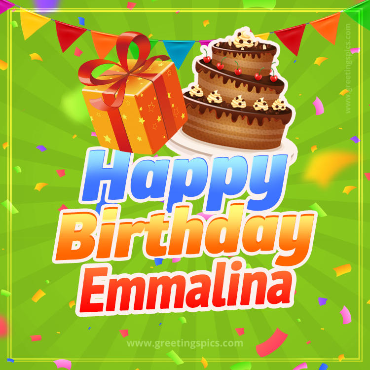 Happy Birthday Emmalina picture with flags, chocolate cake and gift box (square shape image)