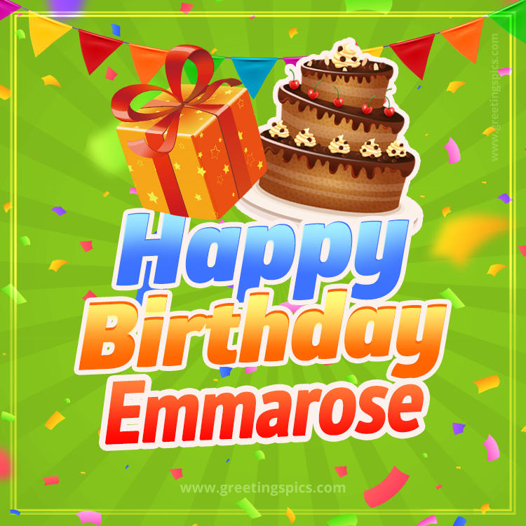 Happy Birthday Emmarose picture with flags, chocolate cake and gift box (square shape image)