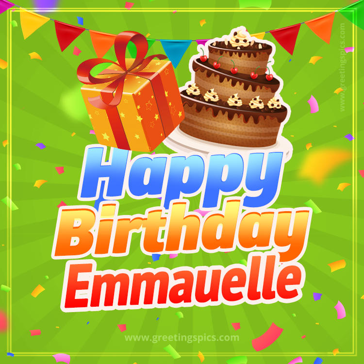 Happy Birthday Emmauelle picture with flags, chocolate cake and gift box (square shape image)