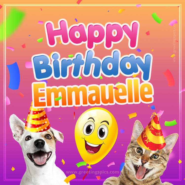 Happy Birthday Emmauelle Funny Image with cat and dog (square shape image)
