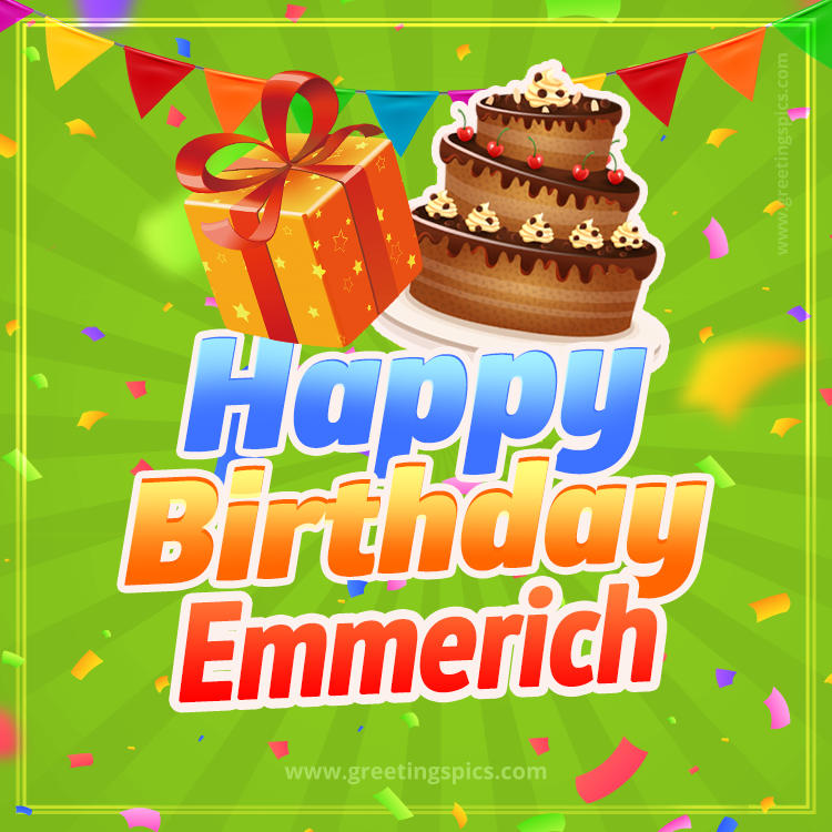 Happy Birthday Emmerich picture with flags, chocolate cake and gift box (square shape image)