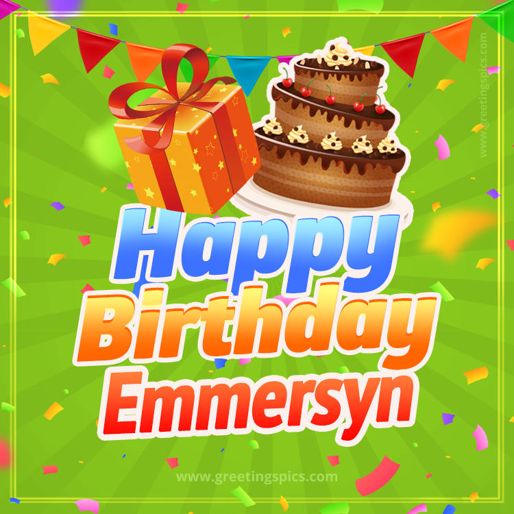 Happy Birthday Emmersyn picture with flags, chocolate cake and gift box (square shape image)