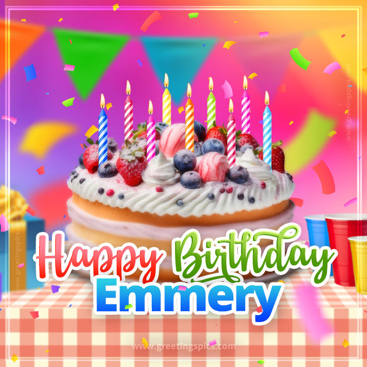 Happy Birthday Emmery Colorful Image with fruit cake and candles (square shape image)