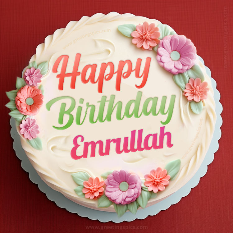 Happy Birthday Emrullah Cake Image With Name (square shape image)