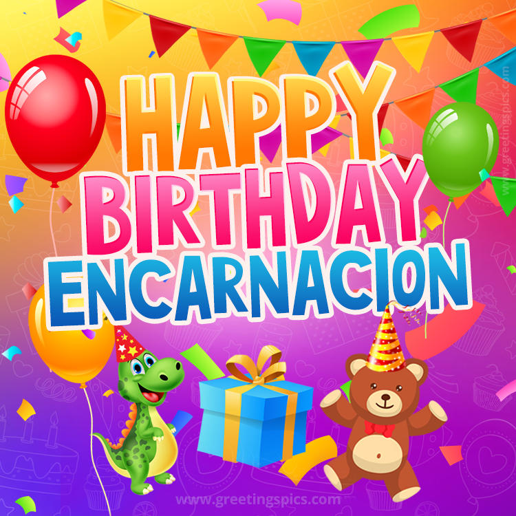 Happy Birthday Encarnacion Image for a child with cute dinosaur and bear (square shape image)