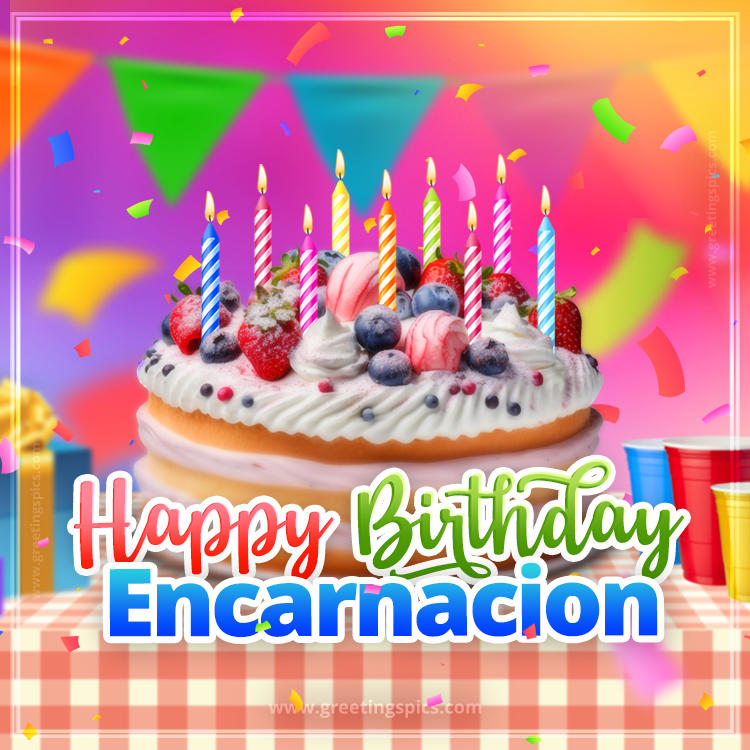 Happy Birthday Encarnacion Colorful Image with fruit cake and candles (square shape image)