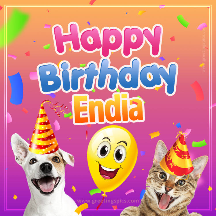 Happy Birthday Endia Funny Image with cat and dog (square shape image)